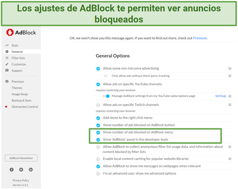 Screenshot of AdBlock's Chrome interface
