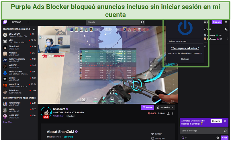 Screenshot of Purple Ads Blocker blocking ads on Twitch