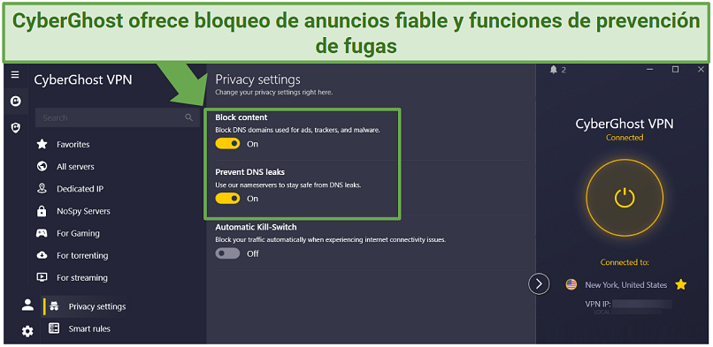 Screenshot of CyberGhost ad blocker feature in settings