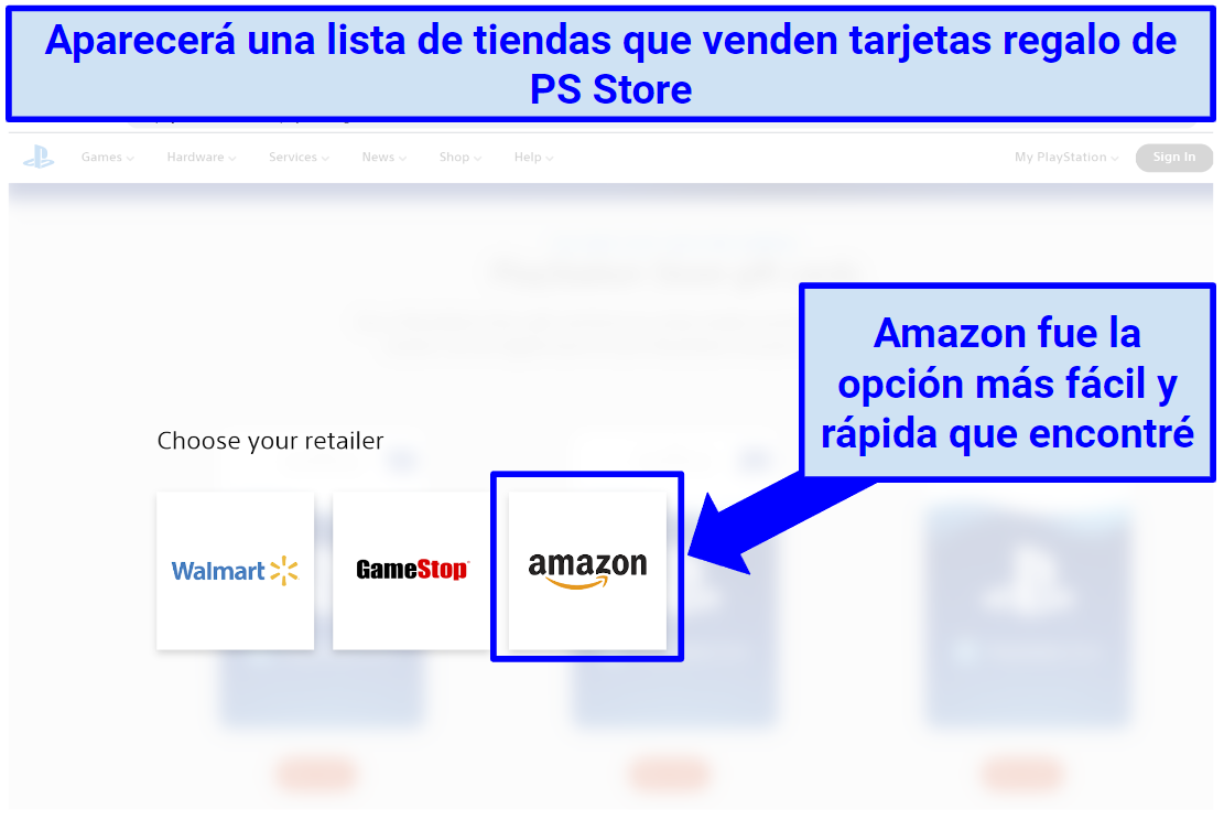 Screenshot of PlayStation Store Gift Card retailers: Amazon, GameStop, and Walmart