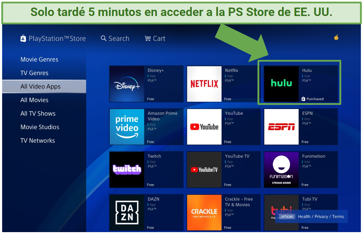 Screenshot of PlayStation Store on PS4 with Hulu and other video apps