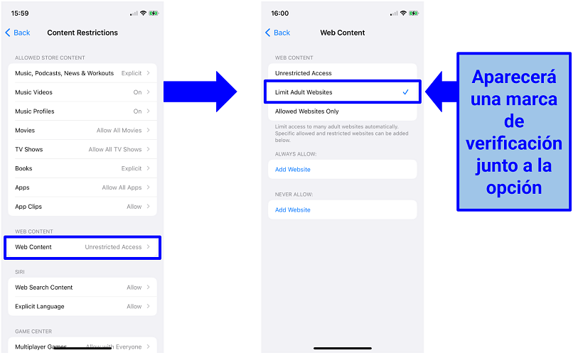 Screenshot of the content restrictions settings on an iPhone