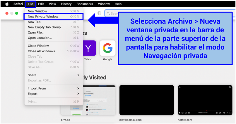 Screenshot of enabling Private Browsing Mode on Safari (MacBook)