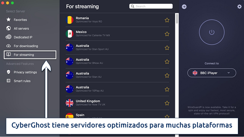 Screenshot showing For streaming servers on CyberGhost