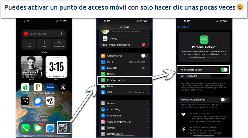 Capturas de pantalla que muestran cómo activar un punto de acceso móvil en un iPhone