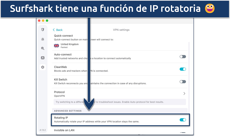Captura de pantalla de los menús de configuración de Surfshark con la función de IP rotatoria resaltada