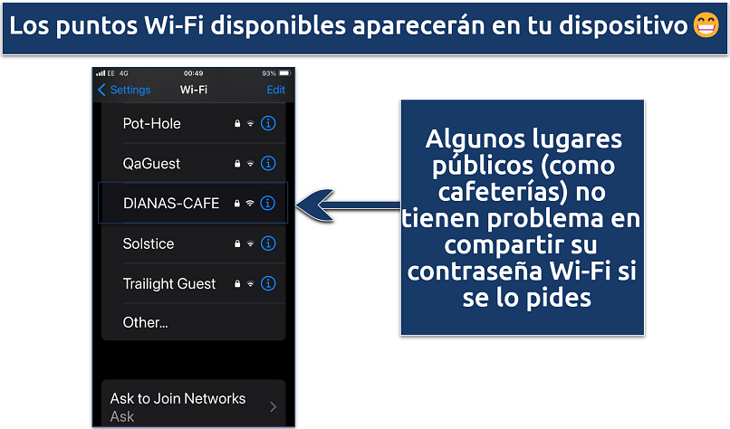 Captura de pantalla que muestra los puntos de acceso Wi-Fi disponibles en un iPhone