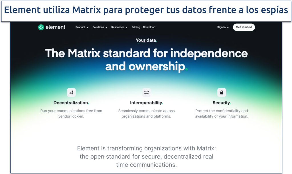 Screenshot of the Element app's webpage