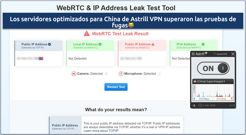 Captura de pantalla que muestra que Astrill VPN superó las pruebas de fugas de IP/DNS/WebRTC