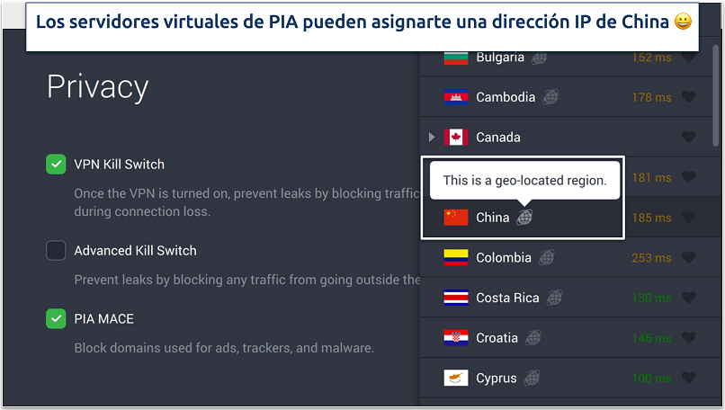 Captura de pantalla de la configuración de privacidad y los servidores virtuales de PIA en la aplicación