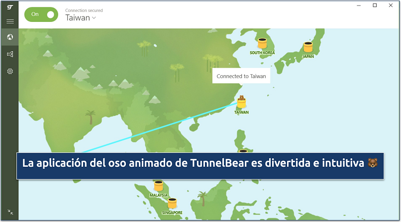 Captura de pantalla de TunnelBear conectada al servidor de Taiwán