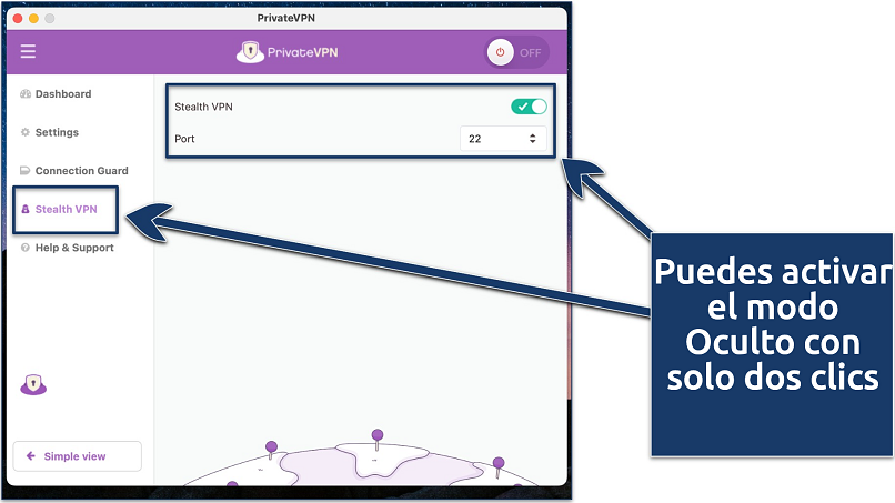Screenshot of PrivateVPN's macOS app with Stealth VPN settings enabled