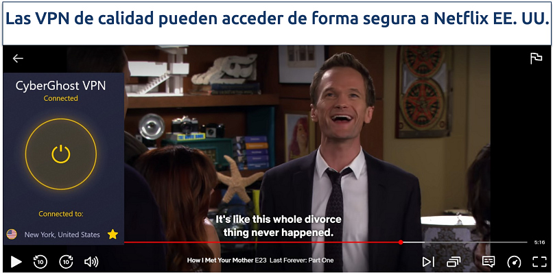 Screenshot of Netflix US streaming How I Met Your Mother while connected to CyberGhost's Netflix-optimizer server