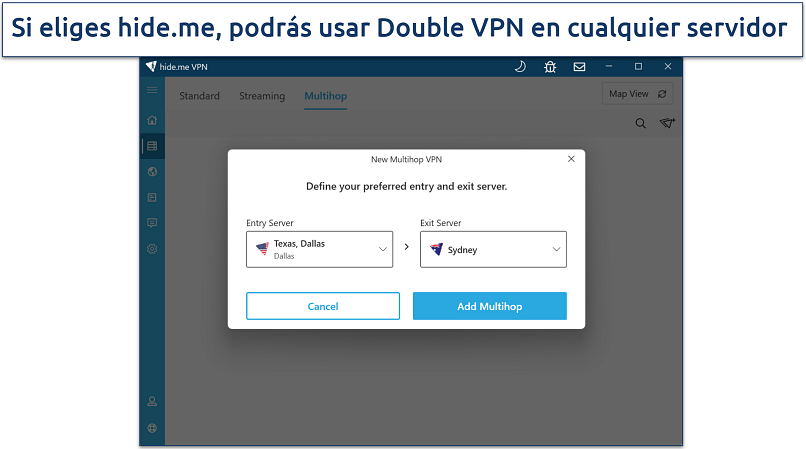 Screenshot of hide.me's Windows app highlighting its multihop feature