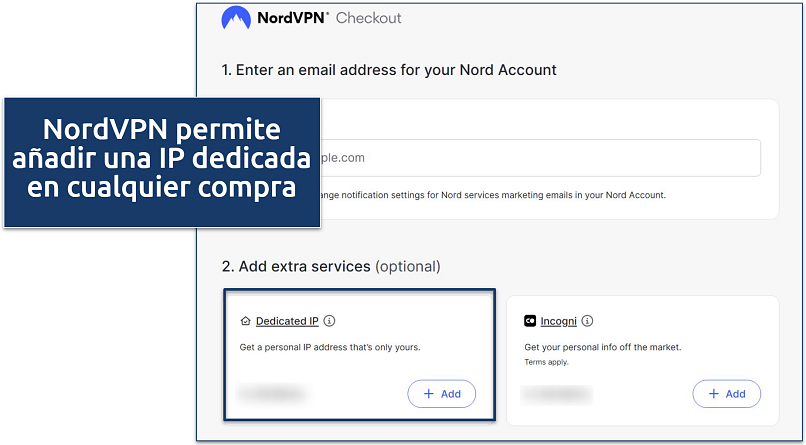 Screenshot of NordVPN's check out screen highlighting where you can add dedicated IPs