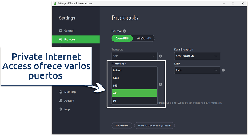 Screenshot of Private Internet Access' Windows app highlighting where to change ports