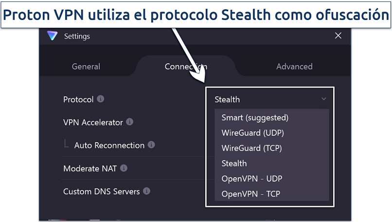 Screenshot of ProtonVPN's Windows app highlighting its stealth protocol