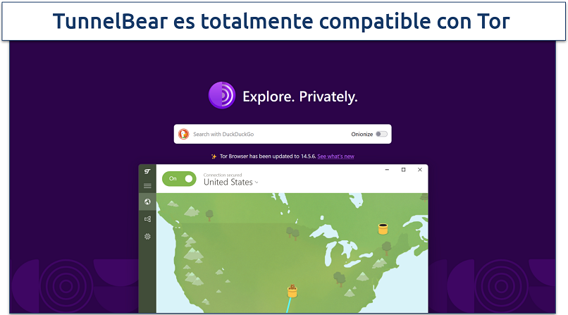 Screenshot of TunnelBear connected to the United States server while using DuckDuckGo on the .onion browser