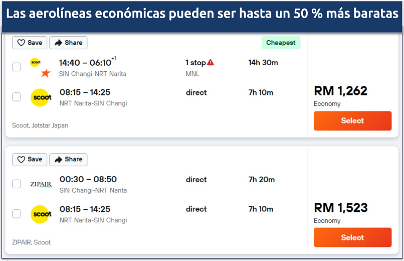 Screenshot of a Kayak flight search showing prices from budget carriers