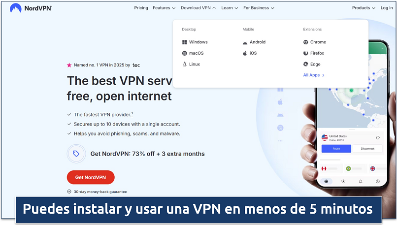 Screenshot of NordVPN’s website homepage highlighting its app availability across desktop, mobile, and browser extensions, along with a promotional offer