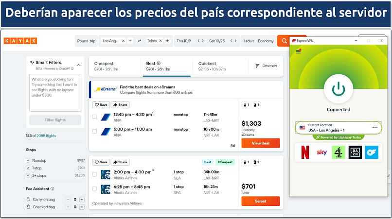 Screenshot of flight search results in USD on Kayak while connected to the ExpressVPN Los Angeles–1 server