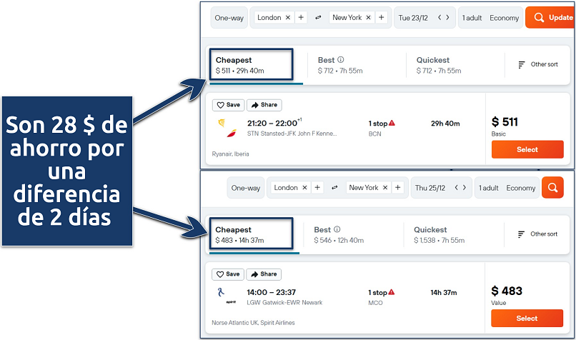 Screenshot of a Kayak flight search showing the different prices for 23 and 25 December