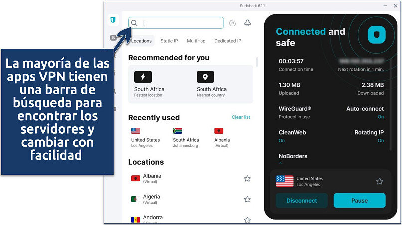 Screenshot of Surfshark’s Windows app interface with its server selection menu and connection status panel